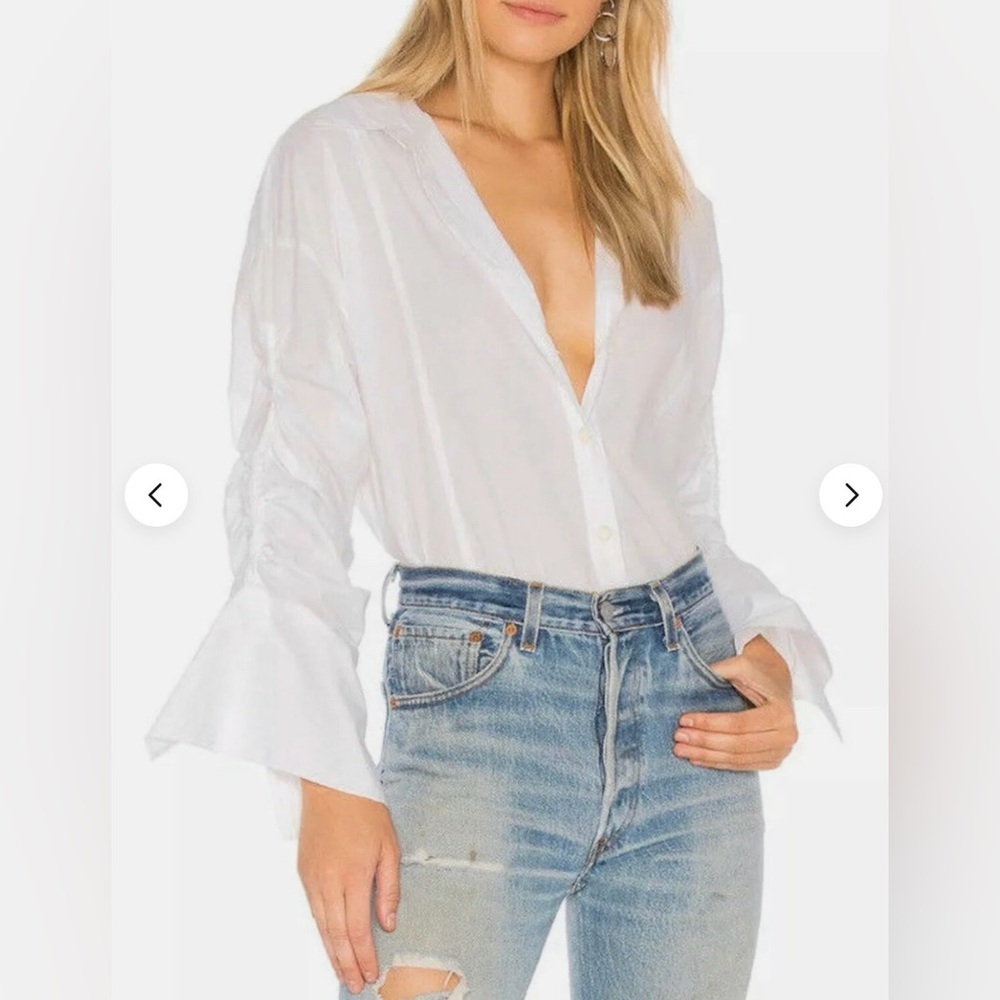 Crisp White Button-Down Shirt white Blouse  cinched sleeves - Picture 2 of 10